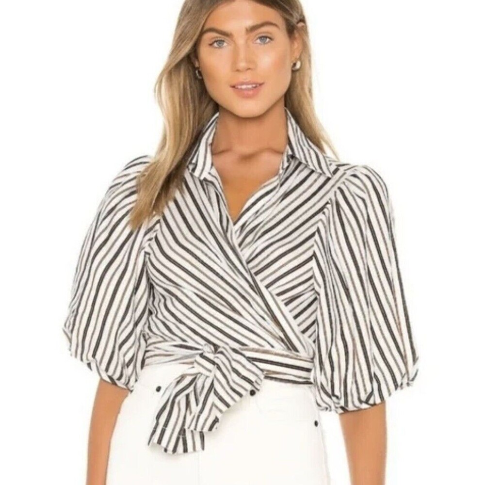 Petersyn Cellini Linen Blouse in Desert  Stripe size Xs Puff Sleeve Wrap Top